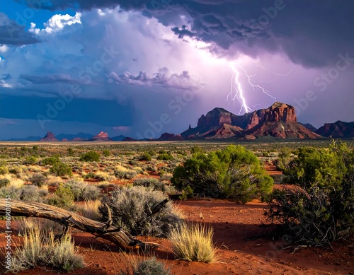 A dramatic southwestern landscape with a lightning strike illuminating towering red rock formations under a stormy sky