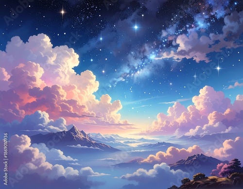 A dreamy celestial landscape depicts fluffy clouds in sunset hues, mountains, and a brilliant starry sky