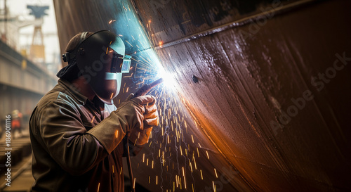 A welder is actively welding a large metal structure, generating bright sparks in an industrial shipyard or factory environment, showcasing skilled craftsmanship and hard work.