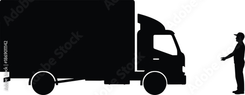 Professional delivery truck silhouette vector with driver character gesturing, commercial cargo van for transport and logistics service, industrial freight shipping concept,