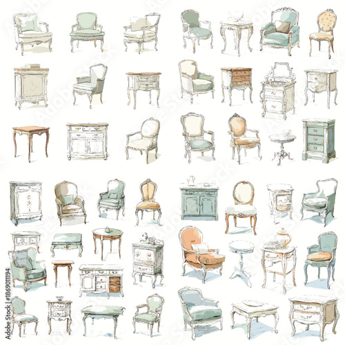 Sketch style watercolor set of classic chairs, tables and cabinets in soft pastel tones. Vintage interior furniture illustrations isolated on white.