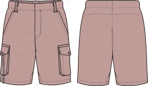 Cargo shorts technical flat vector illustration, front and back view, elastic waistband, side flap pockets, menswear fashion cad drawing
