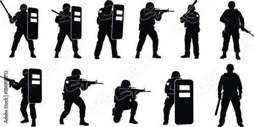 Silhouettes of armed tactical officers in action, military police with riot shields, firearms, batons, defense and assault poses, security forces illustration