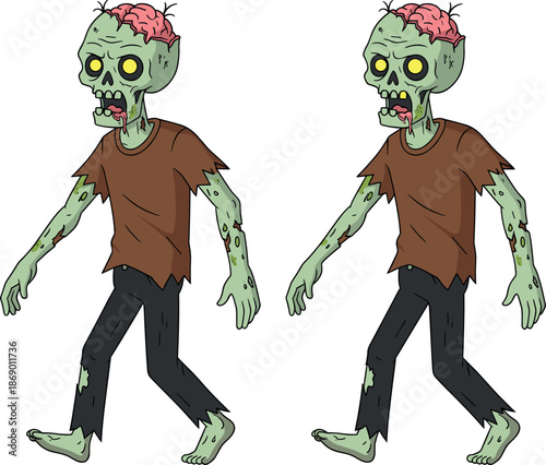 Vector illustration of a spooky cartoon zombie character in walking poses with exposed brain and tattered clothes isolated on white background.