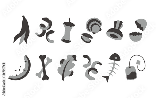 生ごみのイラストセット｜食品廃棄物・コンポスト・エコを表現したモノクロイラスト素材