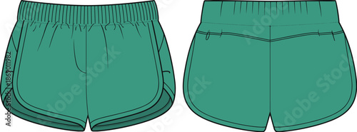Women running shorts technical flat vector illustration, front and back view, elastic waistband, curved hem, activewear fashion cad drawing