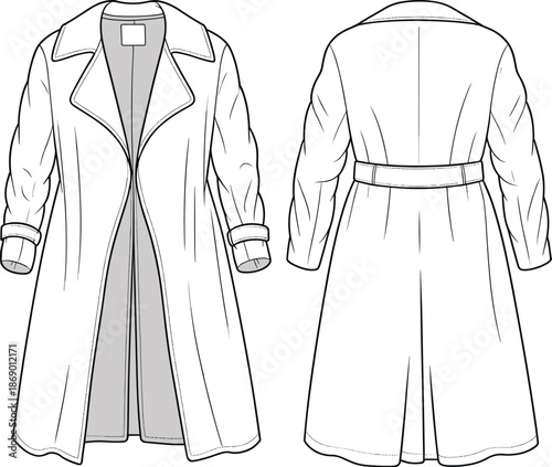 Women trench coat, front back technical flat vector illustration, CAD fashion apparel template isolated white background design sewing details outerwear