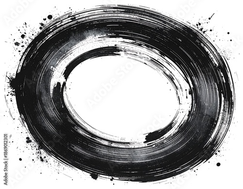 A dynamic, abstract black brushstroke oval on white, featuring textured lines and scattered ink splatters around the edge