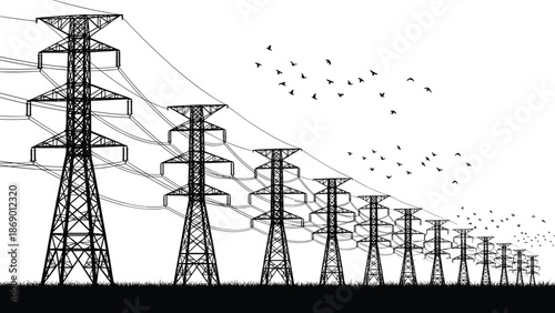 High Voltage Power Lines and Electricity Transmission Towers Silhouette Against Sky, Industrial Landscape with Flock of Birds Flying Over Metal Construction, Energy and Infrastructure Concept