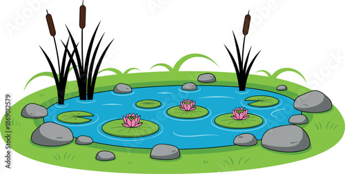 Vector illustration of a tranquil garden pond with pink water lilies, green lily pads, bullrushes, and smooth grey stones.