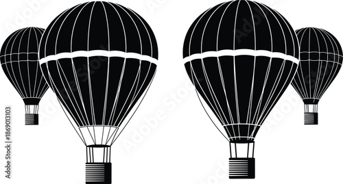 Stylized black and white hot air balloons, minimalist vector design, floating in sky, vintage travel concept, symmetrical layout, clean illustration, depth effect