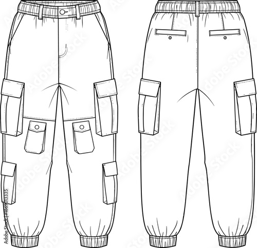 Technical fashion flat of cargo jogger pants with multi-pocket design, elastic cuffs, belt loops, front and back views