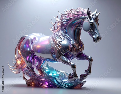 A dynamically posed sculpture of a horse with iridescent metallic finish, flowing mane, and ethereal base