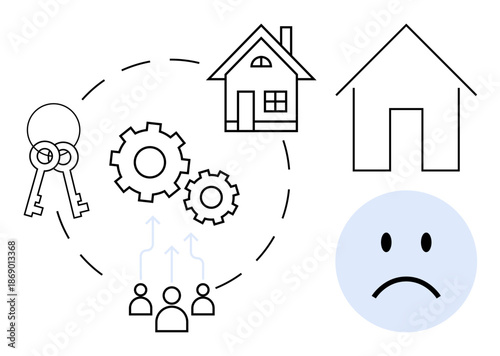 Housing market challenges. Housing issues with home, keys, gears, people, and a sad face icon. Focus on housing availability, affordability and societal challenges. For real estate economics urban