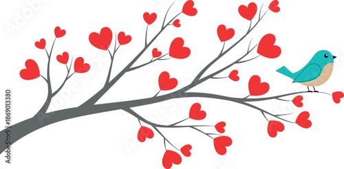Vector illustration of a cute blue bird perched on a grey tree branch with red heart-shaped leaves isolated on white background.