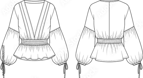 Women's blouse fashion sketch, technical flat drawing, peplum top design, voluminous sleeve blouse, vector garment illustration, apparel CAD template