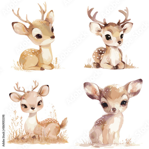 Adorable baby deer watercolor set with soft brown fur and gentle expressions. Cute woodland fawn illustrations isolated on white background.