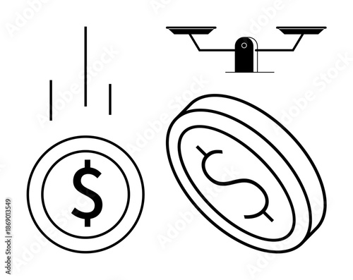 Finance, investments, monetary policies, business strategies, economy, wealth management. Dollar symbol, coin graphics scale icon. Financial balance and investments visual concept
