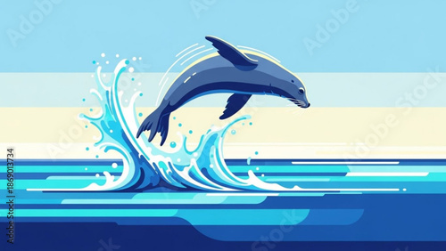 A dolphin jumps out of the water creating a splash in a vibrant blue ocean with a clear sky in the background with cartoon and illustration and playful with fun