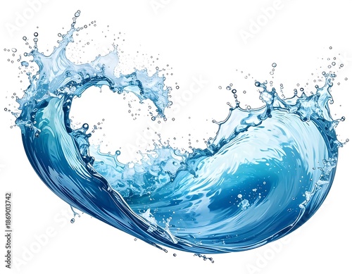 A dynamically rendered splash of crystal-clear water, showing the elegant curves and intricate details of fluid movement