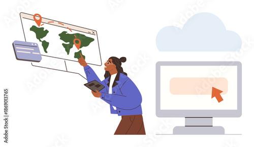 Geolocation, data analysis, cloud computing, global mapping, tech education, and digital tools. Woman pointing to world map with location markers holding a tablet. Geolocation and data analysis