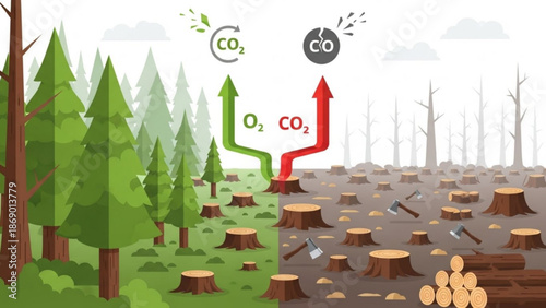 Deforestation causes environmental damage and climate change with loss of trees and green landscape turning to barren land with stumps and pollution with ecology