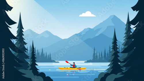 A person in a yellow kayak paddles through a serene lake surrounded by tall pine trees and majestic mountains under a blue sky with a single white cloud with nature