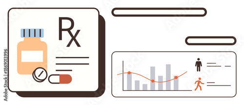 Healthcare, medical research, pharmacy services, data analysis, patient monitoring, medication trends. Prescription pills and statistics chart. Pharmacy services and medical research visualization