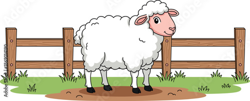 Vector illustration of a cute white woolly sheep standing in a green pasture with a wooden fence isolated on white background.
