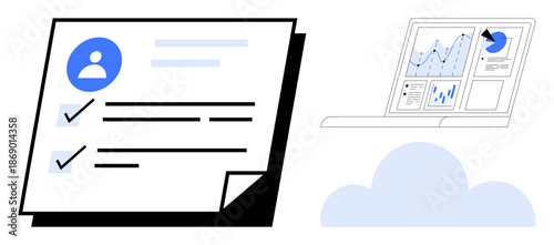 Data management, digital workflow, analytics, cloud computing, productivity, business tools. A checklist with a user profile and a cloud-linked laptop with analytics. Data management and digital