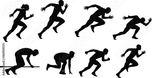 Sprint silhouettes, starting positions, athletic motion, track and field, race preparation, dynamic movement, sports training, vector illustration, black figures, runner sequence