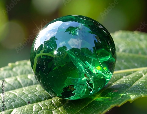 A faceted, glossy sphere of deep green glass sits on a vibrant green leaf, reflecting the surrounding foliage