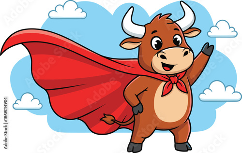 Cartoon superhero bull character with red cape waving in sky, cheerful farm animal mascot for kids, fun educational vector illustration