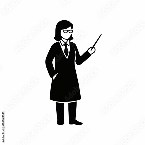 Female teacher or professor in formal attire and glasses, holding a pointer stick, presenting or instructing, isolated on a white background