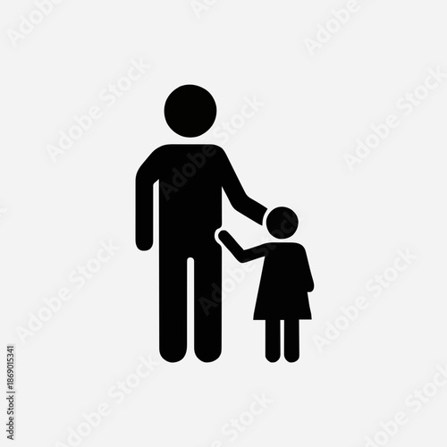 Silhouette of a father and his young daughter standing together, symbolizing family bond and parental care, isolated on a white background
