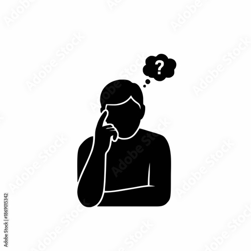Person thinking with question mark in thought bubble isolated on white background simple flat icon silhouette contemplating a problem or solution seeking an answer symbol