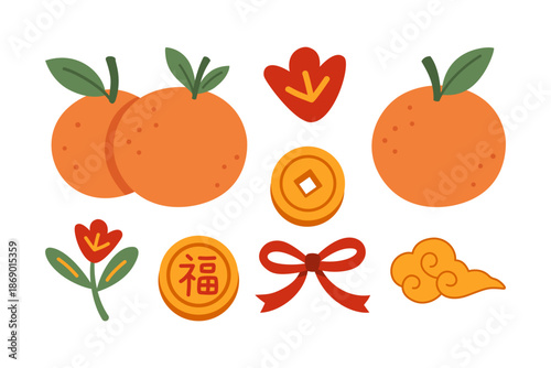 Mandarin orange, Lucky coin, Chinese knot bow, Plum blossom, Auspicious cloud colorful vector icon set for merchandise. Chinese new year and lunar festival decors flat cartoon illustration collection
