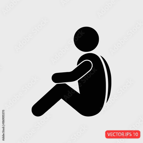 Person sitting down with knees pulled up to chest symbol representing relaxation rest contemplation or sadness simple icon human figure resting pose isolated on gray background