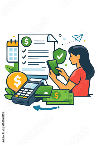 Financial illustration of person dealing with money, credit card, and banking activities. The scene is bright and cheerful, designed to communicate the themes of payment and accounting