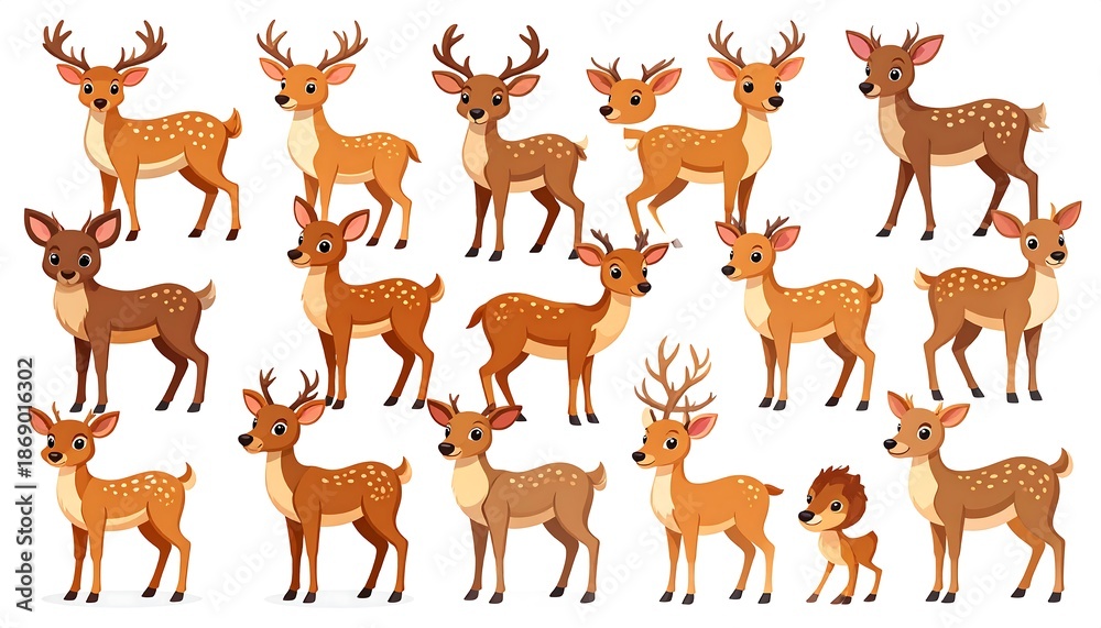 Fototapeta premium A collection of various cartoon deer with antlers, spots, and different poses