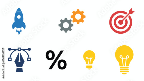 Colorful Business Icons Set: Rocket, Gears, Target, Pen, Percent, Light Bulbs
