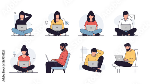 Diverse Individuals Working Remotely with Laptops in Casual Settings