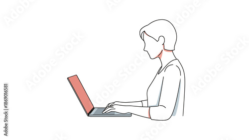 Minimalist line artwork of an individual focused on a laptop screen typing on the keyboard