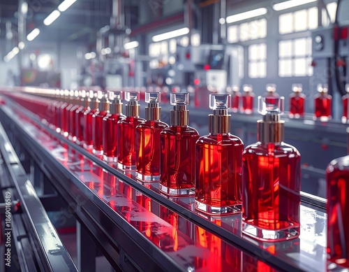 A factory line shows rows of glass bottles, filled with a red liquid. Clear stoppers sit atop gold-banded necks. Lit from above