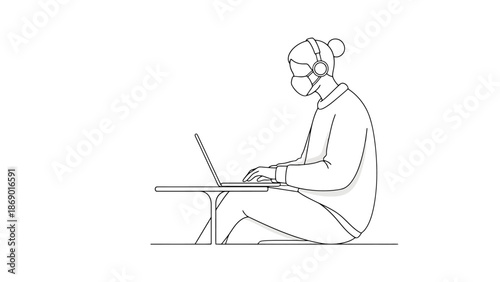 Person Working on Laptop with Headphones and Face Covering Minimalist Line Art