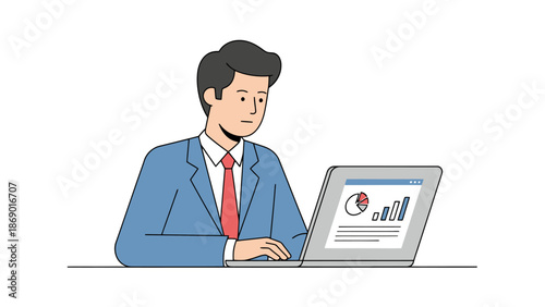 Businessman Working on Laptop with Financial Charts