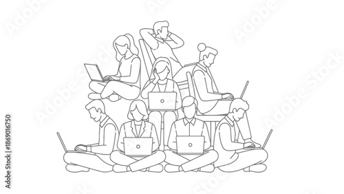 Diverse group of people collaborating around laptops digital teamwork and connection