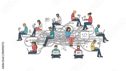 Diverse Group of People Collaborating on Digital Project with Laptops Representing Teamwork and Innovation