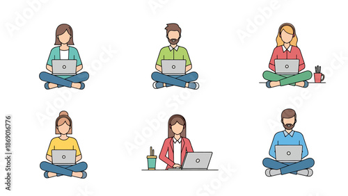 Diverse Individuals Working Remotely on Laptops Flat Design Icons