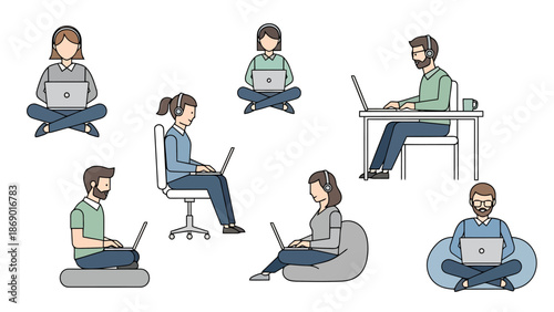 Diverse individuals working remotely with laptops in various comfortable postures representing modern work environments and flexible lifestyles